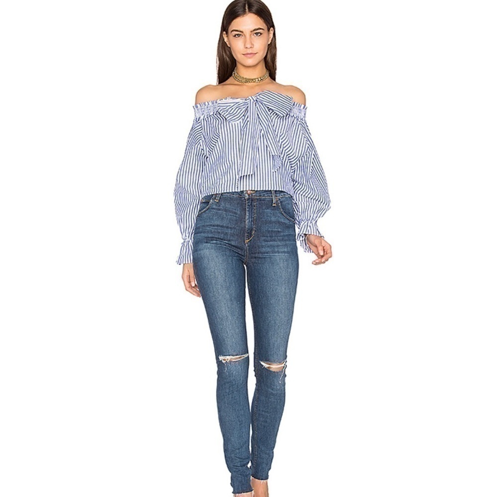 J.O.A. Off The Shoulder Stripe Top on Blue… - Picture 3 of 10